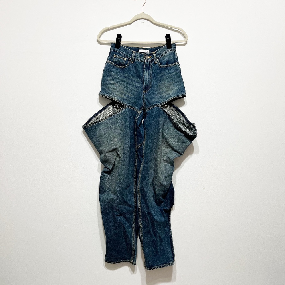 Area Crystal Jewel Diamond Sparkle Embellished Straight Slit Baggy Cotton Jeans